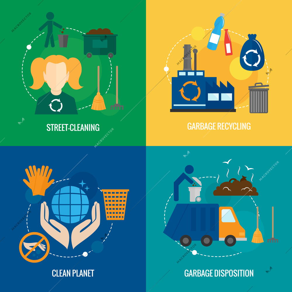 Garbage disposition street cleaning recycling icons set isolated vector illustration