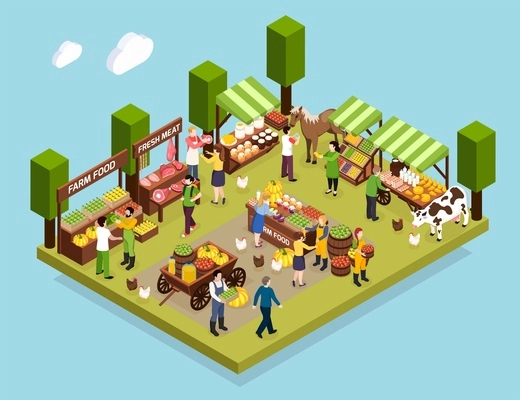 Farmer market isometric composition demonstrated counters with fresh meat vegetables honey and dairy produce vector illustration