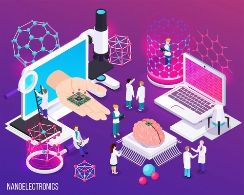 Nanoelectronics isometric composition with icons demonstrated scientific achievements in microbiology and modern medicine vector illustration