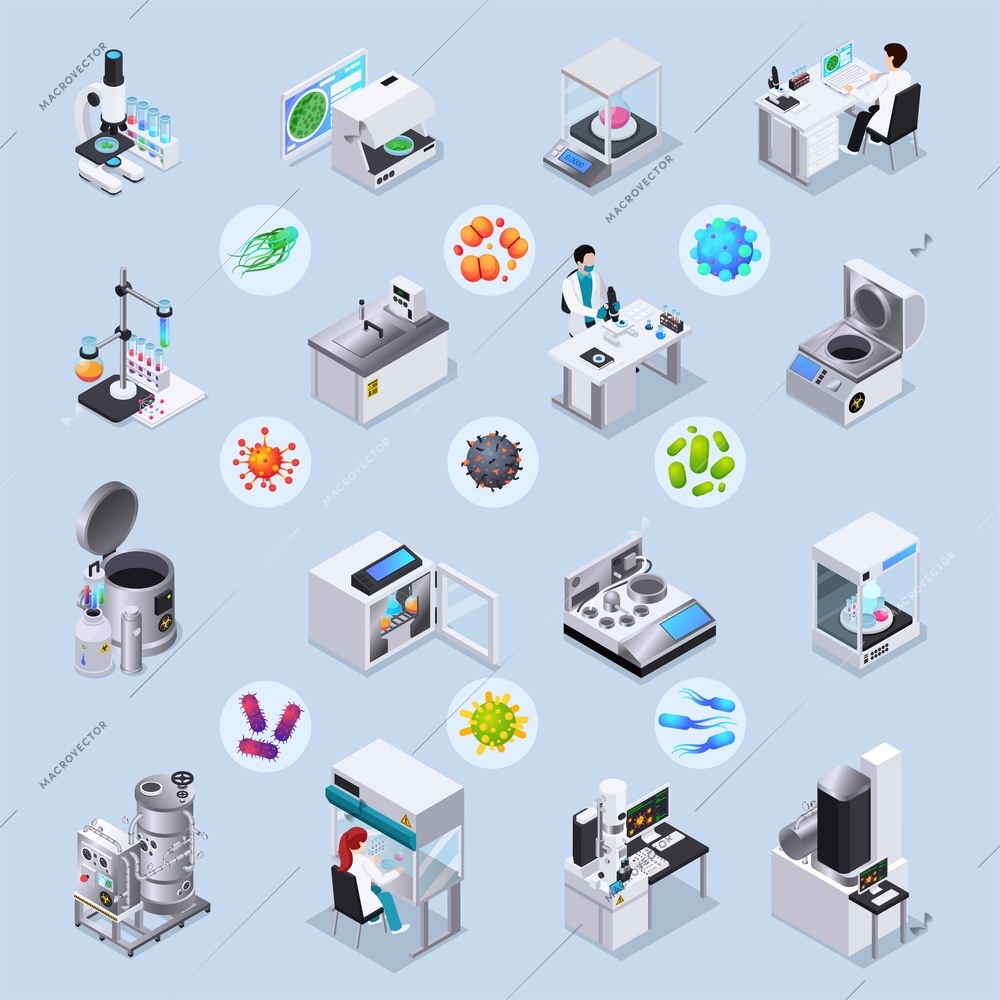 Microbiology isometric set of laboratory equipment for realization of scientific experiments and magnified bacteria and virus images under microscope isolated vector illustration