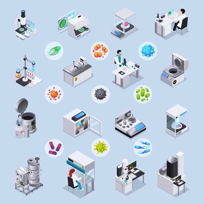 Microbiology isometric set of laboratory equipment for realization of scientific experiments and magnified bacteria and virus images under microscope isolated vector illustration