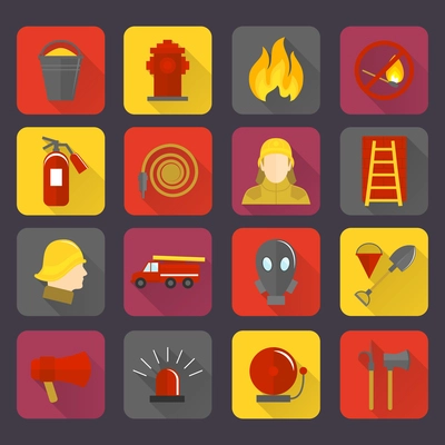 Firefighting icons set of flame water hose mask and helmet isolated vector illustration