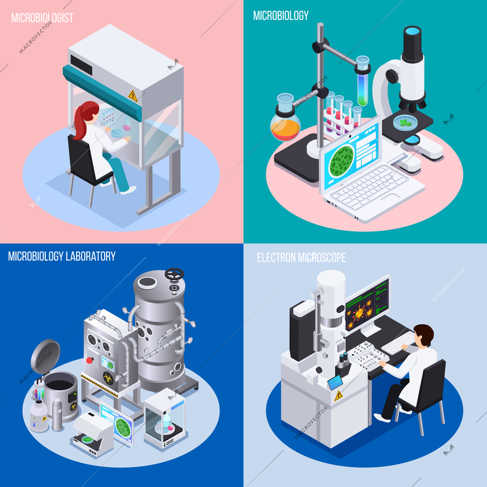 Microbiology laboratory 2x2 design concept set of objects for science experiments beakers and flasks isometric vector illustration