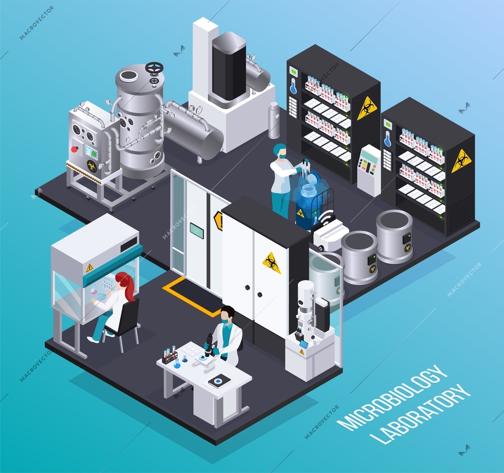 Microbiology laboratory isometric poster with scientists  in protective masks conducting science biochemical experiments vector illustration