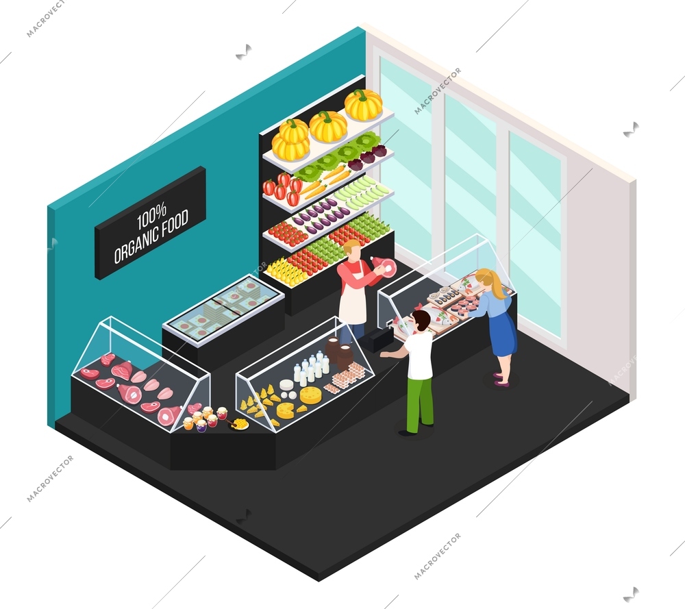 Farmer market of organic food isometric interior with seller showing buyers fresh farm meat vector illustration