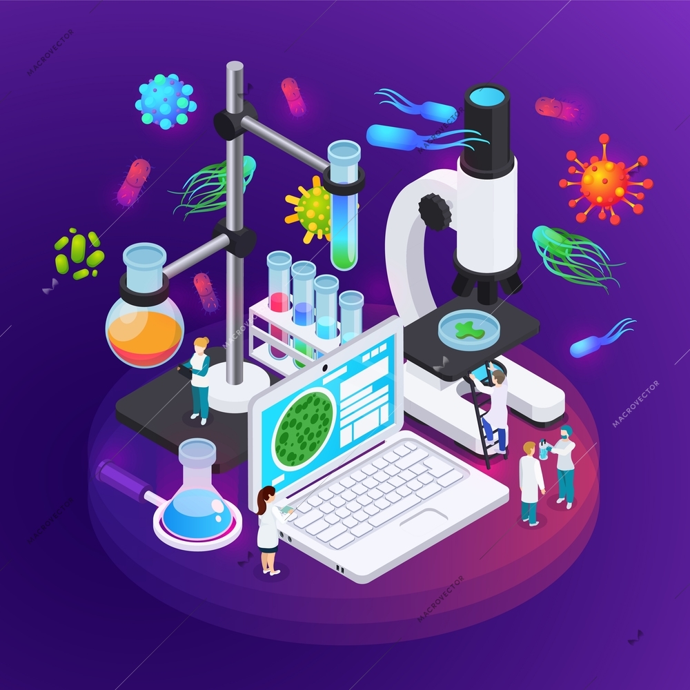 Microbiology isometric poster illustrated equipment of science laboratory for research of bacteria and virus structures vector illustration