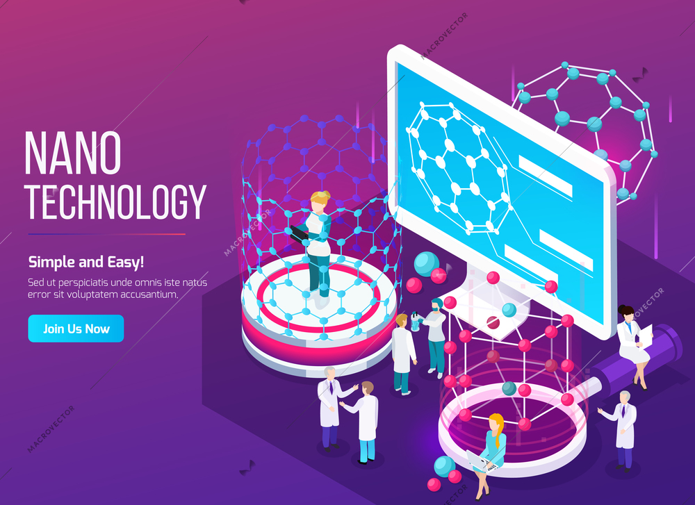 Nanotechnology isometric composition with scientists in working process and screen with 3d fullerene structure vector illustration