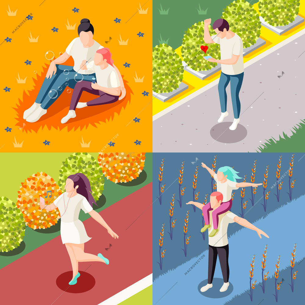 Happy people outdoor 4 isometric icons square concept with couples and singles enjoying nature isolated vector illustration