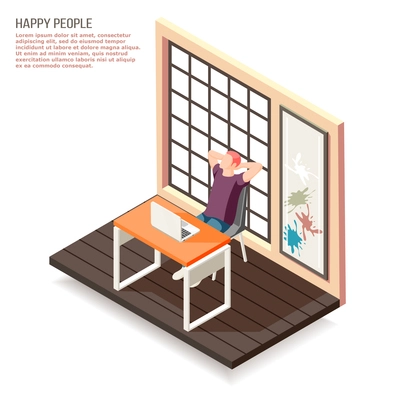 Happy people at work isometric composition with enjoying creative job art designer  behind his laptop vector illustration