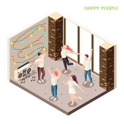 Happy young people in casual clothing dancing indoor with disco lights and speakers isometric composition vector illustration