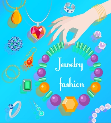 Jewelry fashion poster with woman hand holding necklace  vector illustration