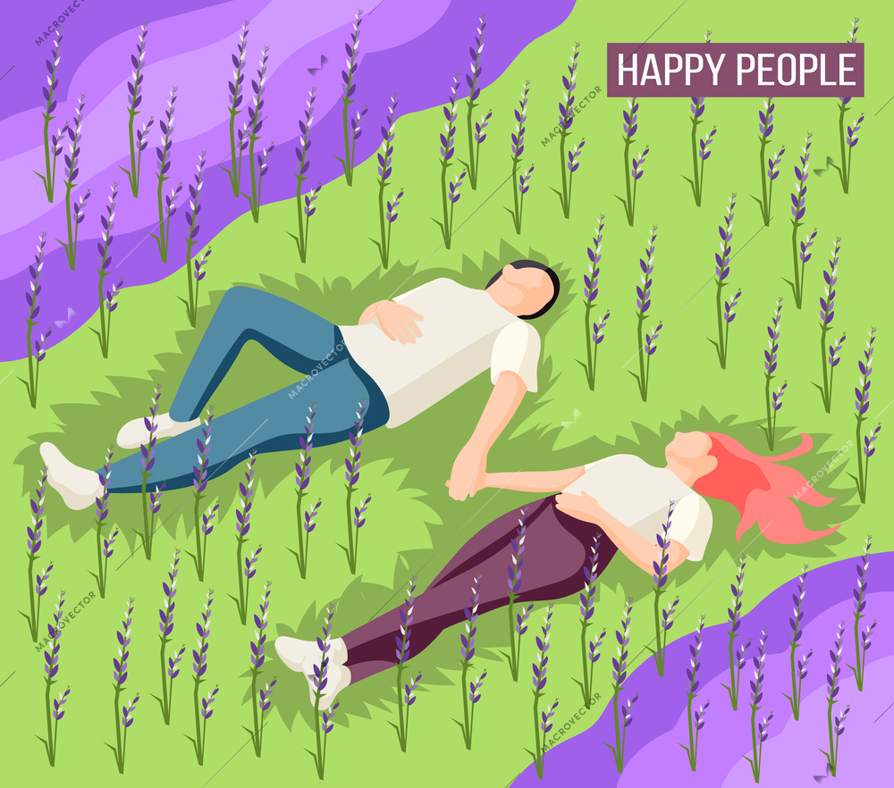 Happy people isometric background poster with young couple enjoying lying on grass among flowers together vector illustration