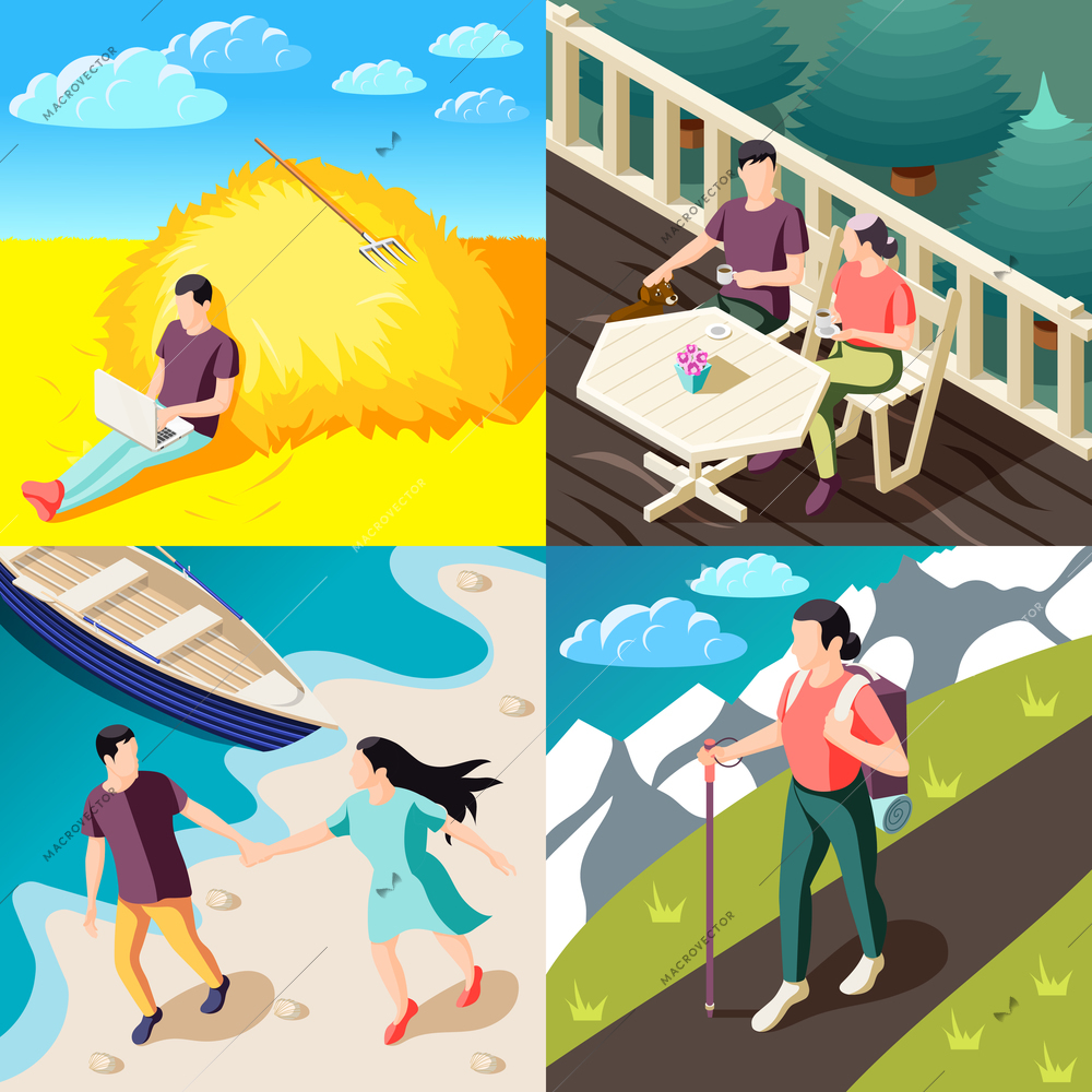 Downshifting escaping stress concept 4  isometric compositions with people enjoying nature traveling working relaxing outdoor vector illustration