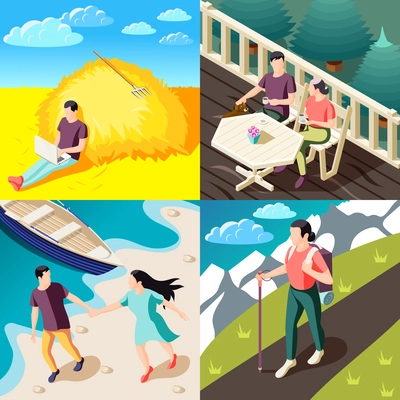 Downshifting escaping stress concept 4  isometric compositions with people enjoying nature traveling working relaxing outdoor vector illustration