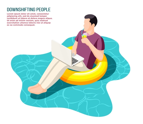 Downshifting escaping office people  working with notebook sitting relaxed on floating swim ring isometric composition vector illustration