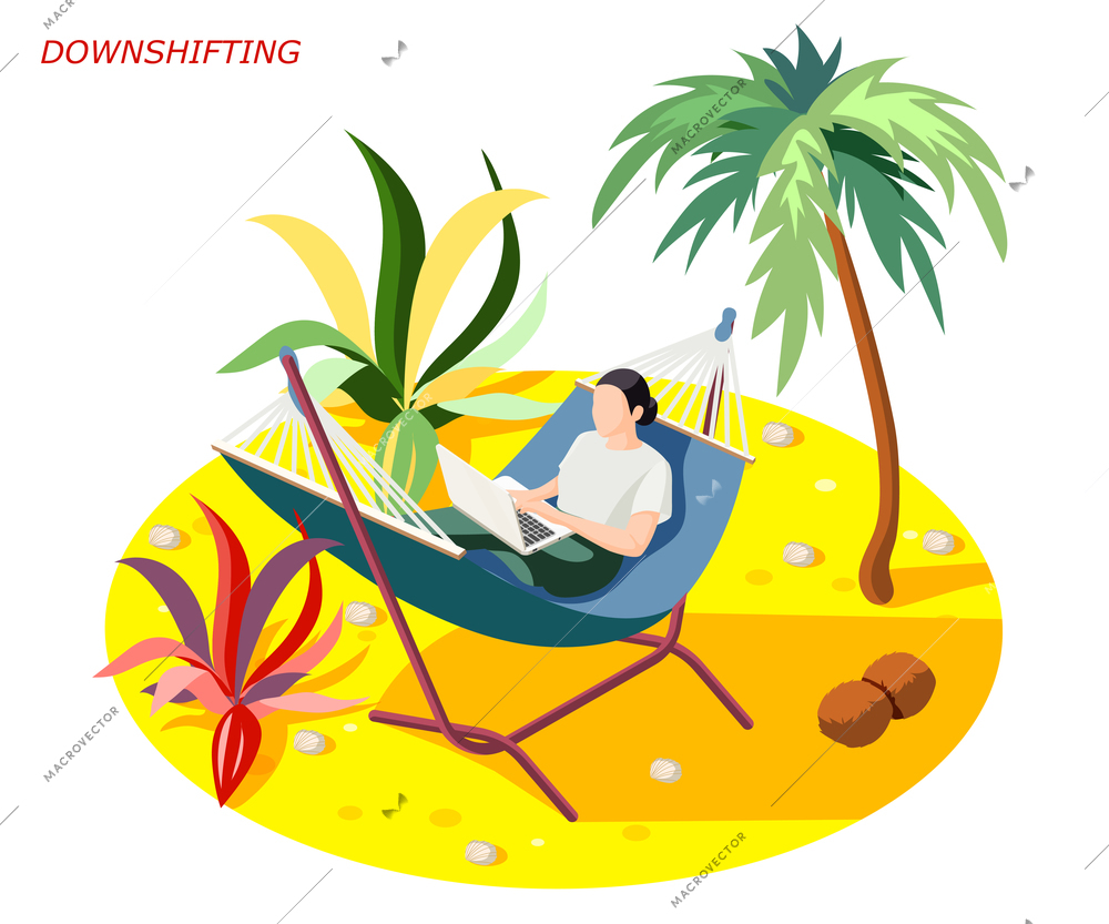 Downshifting stress escaping people isometric composition with woman relaxing while working on beach under palm vector illustration