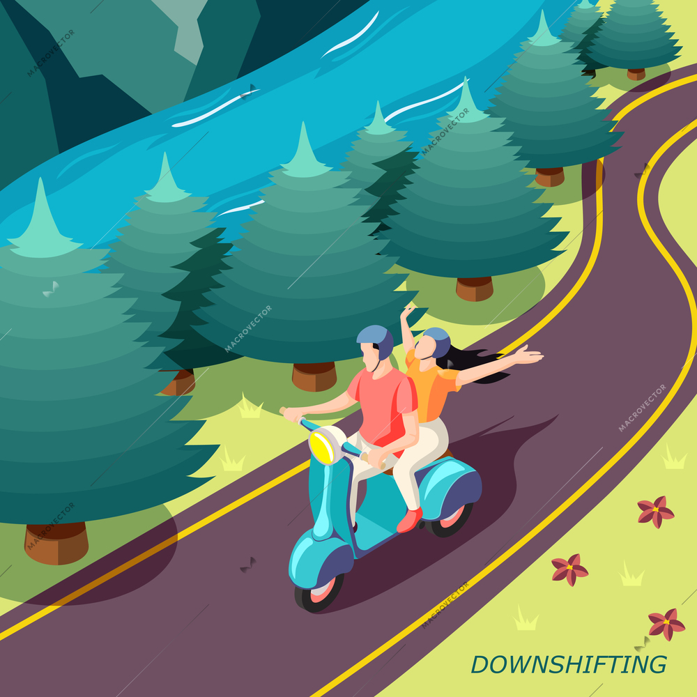 Downshifting escaping busy stressful life isometric country landscape background poster with happy couple on motorbike vector illustration