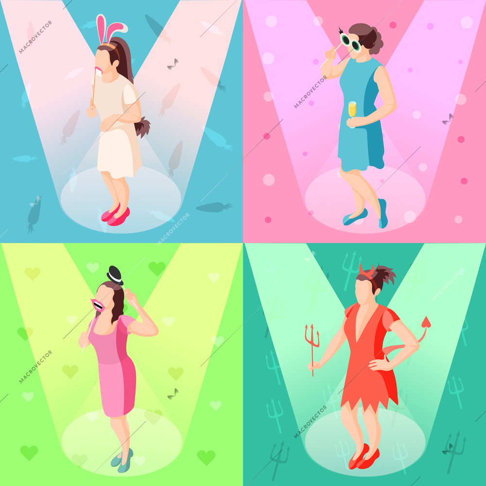 Photo booth props concept 4 isometric festive background icons with girls posing with party accessories vector illustration