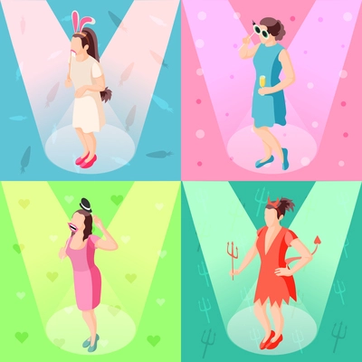 Photo booth props concept 4 isometric festive background icons with girls posing with party accessories vector illustration