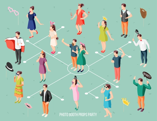 Photo booth party guests in costumes holding props isometric flowchart with masks hats speech bubbles vector illustration