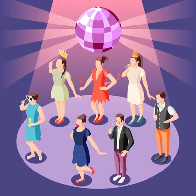 Photo booth party celebration isometric composition with disco ball and people holding props in spotlight vector illustration