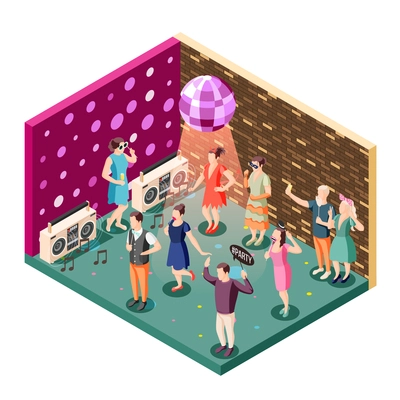 Photo booth event celebration isometric composition with disco ball party speakers and people holding props vector illustration