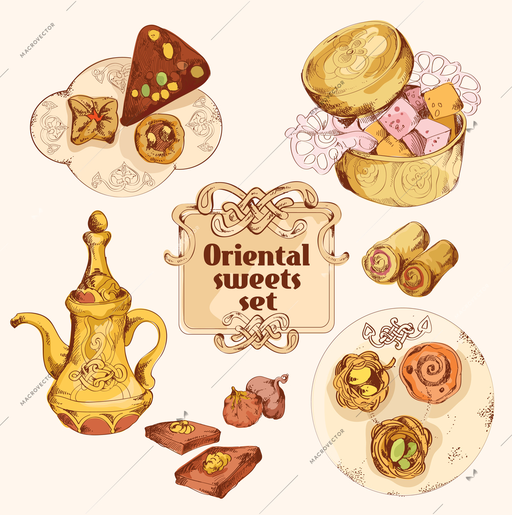 Oriental arabian turkish pastry colored sweet dessert sketch set isolated vector illustration.