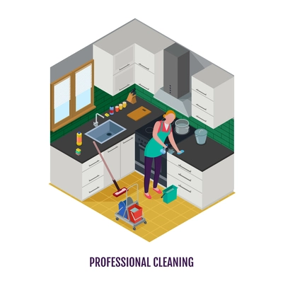 Woman worker in apron with detergents and equipment during professional cleaning of kitchen isometric vector illustration