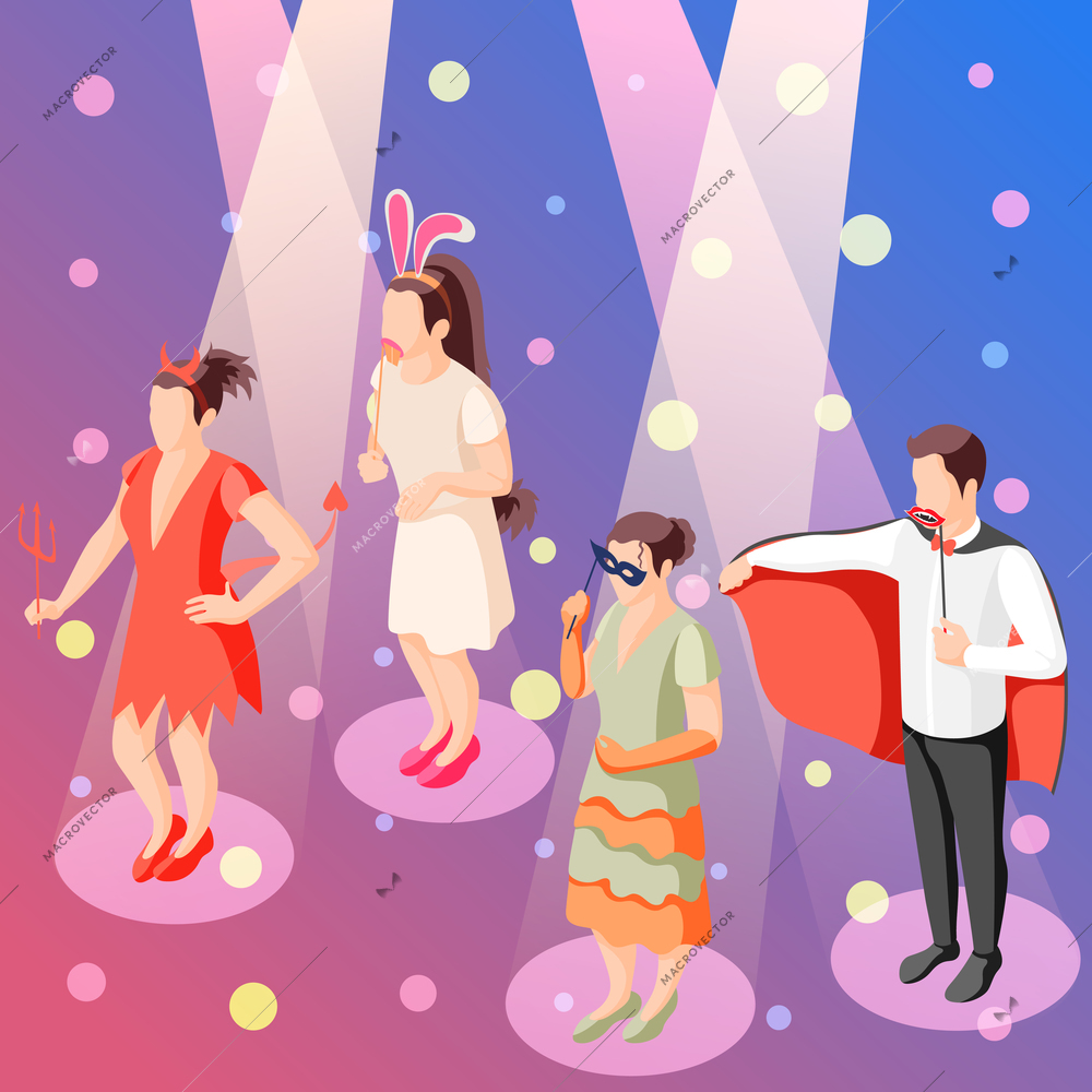 Photo booth party celebration accessories isometric festive background poster with people holding props in spotlights vector illustration