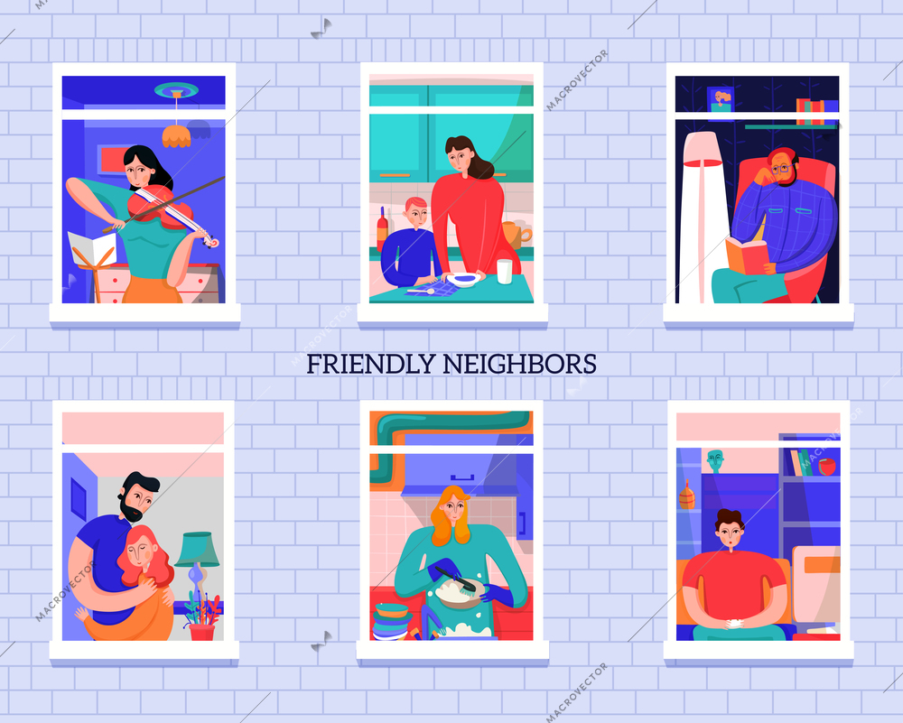 Friendly neighbors during various activity in windows of home on gray brick wall background vector  illustration