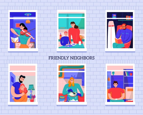 Friendly neighbors during various activity in windows of home on gray brick wall background vector  illustration