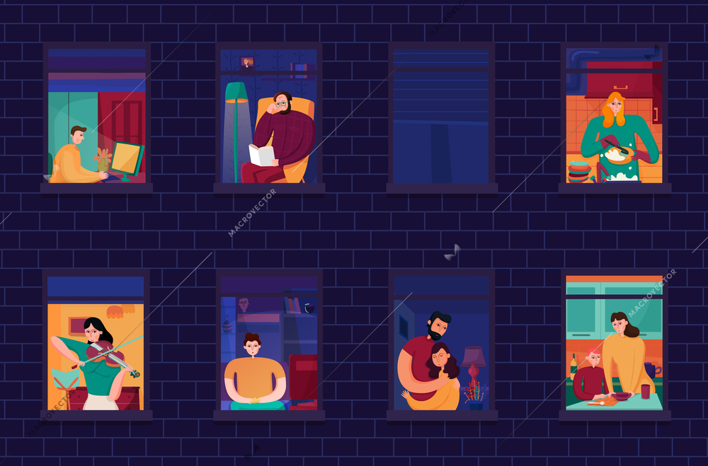 Neighbors during evening occupations in windows of home on background of brick wall night vector illustration