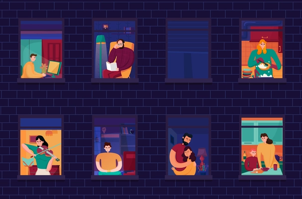 Neighbors during evening occupations in windows of home on background of brick wall night vector illustration