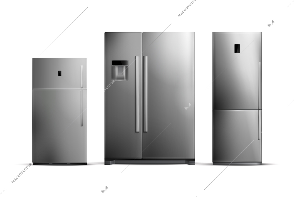 Set of realistic silver fridges of various size isolated on white background vector illustration