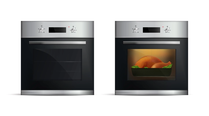 Set of realistic silver ovens with dish from poultry inside on white background isolated vector illustration