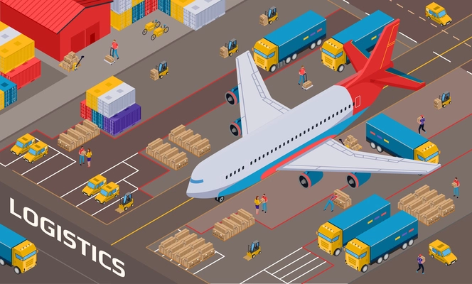 Airplane during logistic delivery on background of warehouse with staff vehicles and packages isometric vector illustration