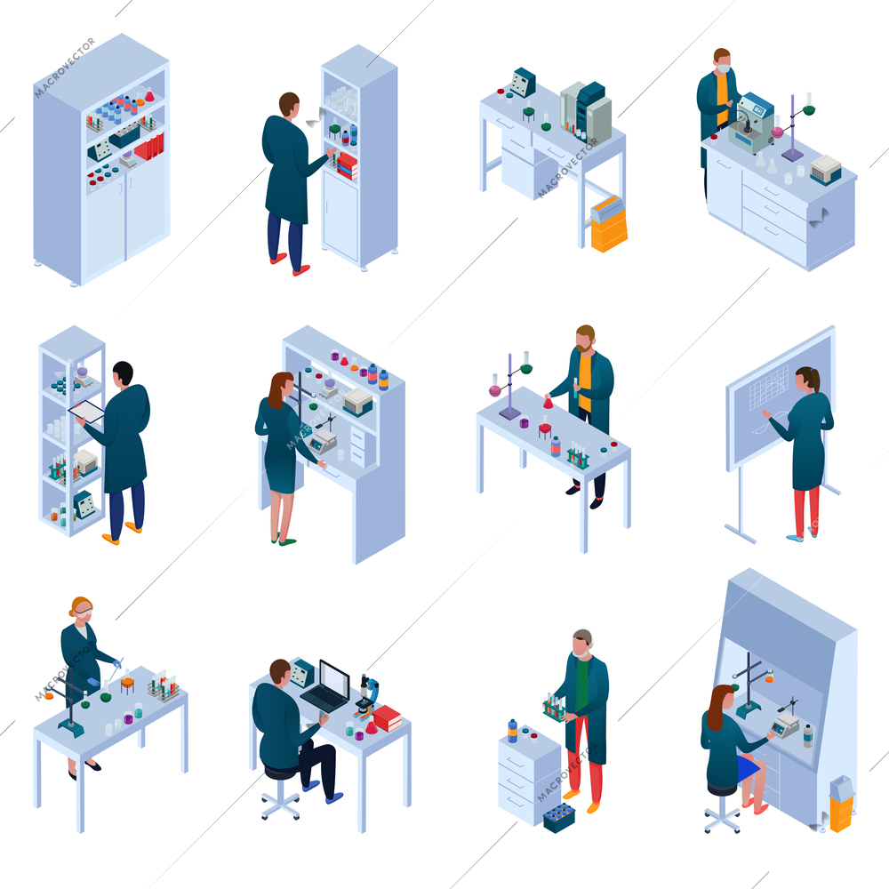 Chemical laboratory set of isometric icons with scientists research equipment and furniture isolated vector illustration