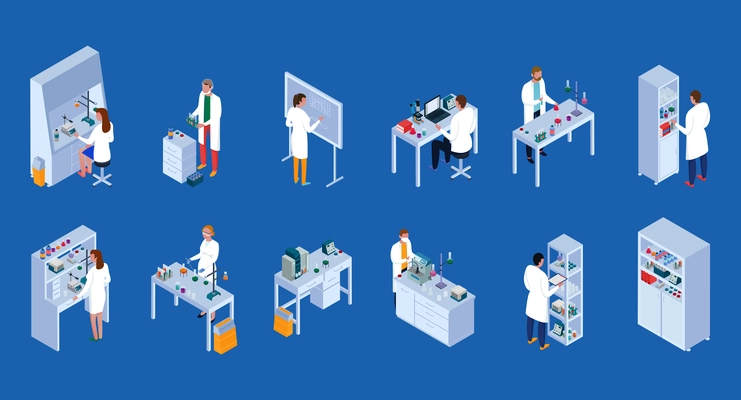 Scientific laboratory isometric icons set with staff during work equipment and furniture blue background isolated vector illustration