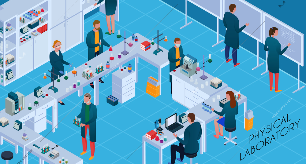 Working staff with chemical and physical equipment during researches in scientific laboratory isometric horizontal vector illustration