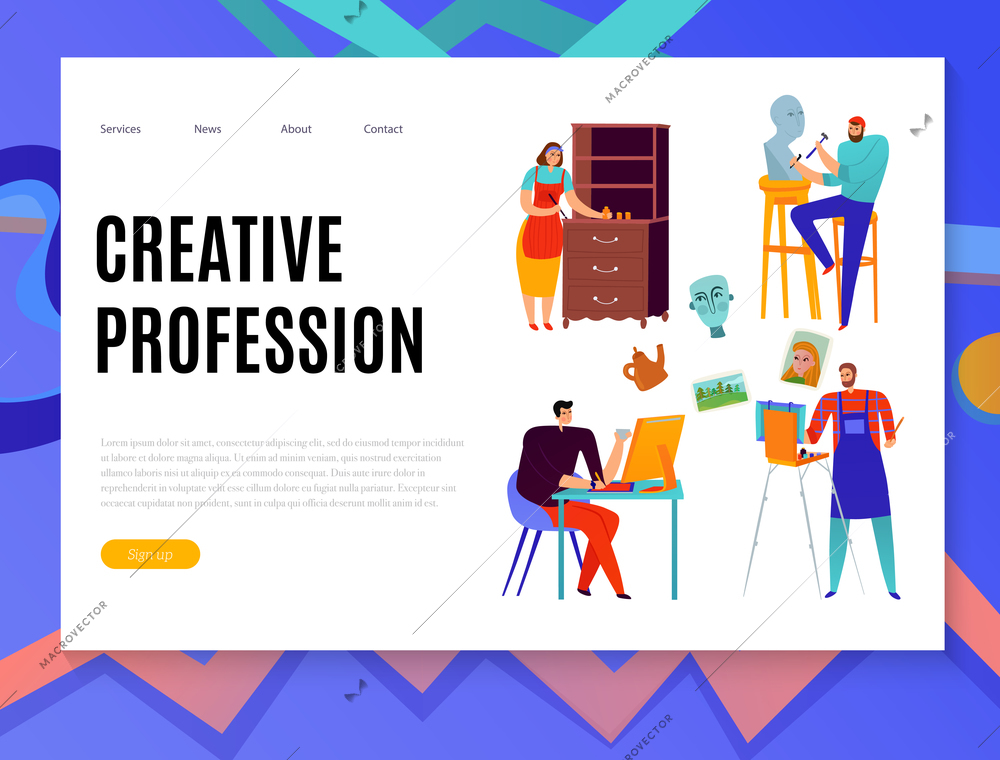 Creative professions web banner with graphic designer painter master of sculpture and renovator of furniture vector illustration