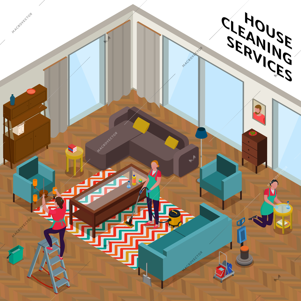 Home cleaning services composition with women workers during tidying up of apartment isometric vector illustration