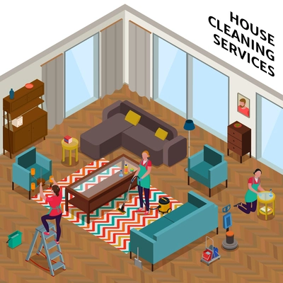 Home cleaning services composition with women workers during tidying up of apartment isometric vector illustration