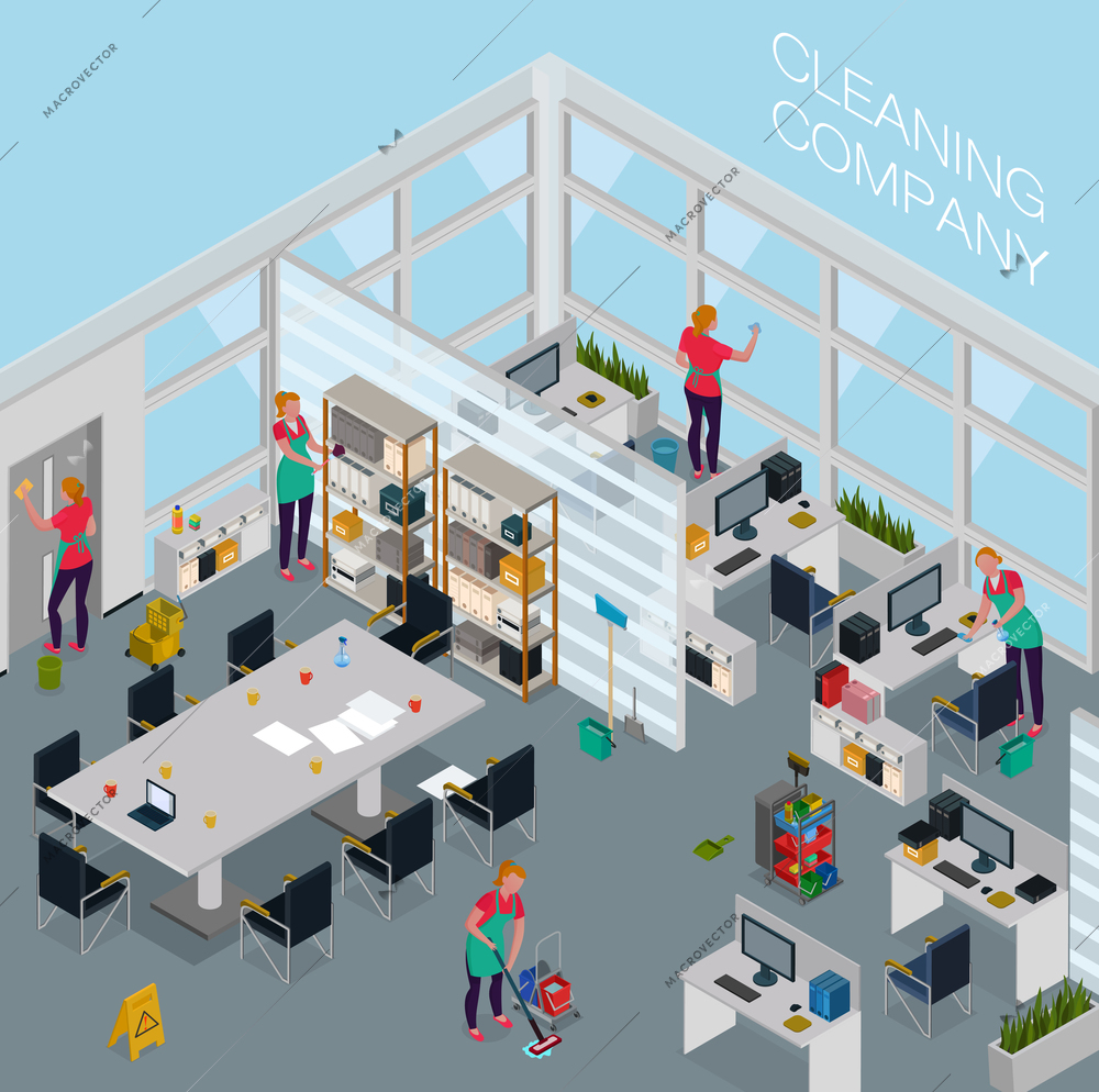 Employees of cleaning service with professional equipment during work in office isometric vector illustration