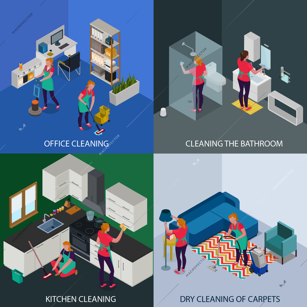 Professional tidying up of office and apartment dry cleaning of carpets isometric design concept isolated vector illustration