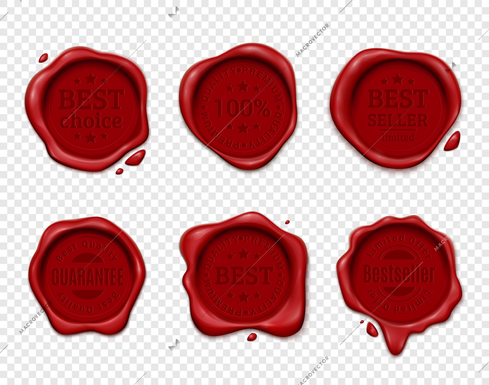 Wax stamp product ad set with six isolated wafers on transparent background with silhouette text emblems vector illustration