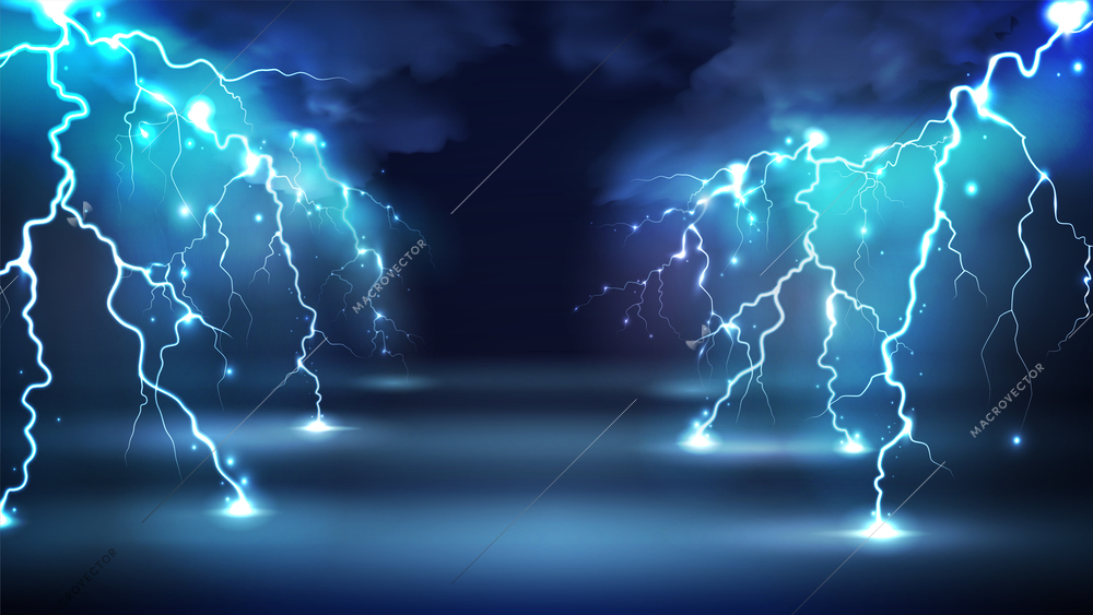 Realistic lightning bolts flashes composition with images of clouds in night sky and radiant glowing lightning strokes vector illustration