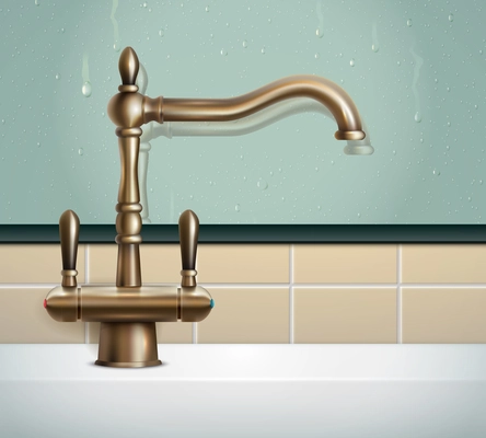 Faucet realistic composition with view of bathing room wall and vintage classic style bronze faucet image vector illustration