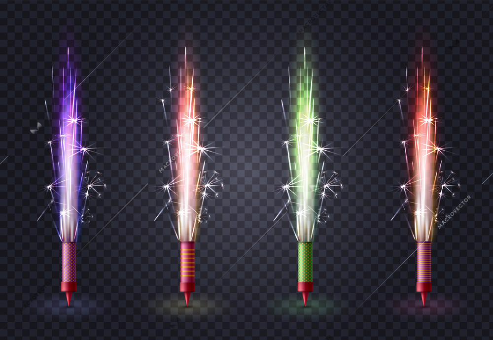 Realistic fireworks colored set with four isolated images of sparkler bengal light sticks on transparent background vector illustration