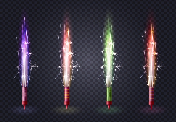 Realistic fireworks colored set with four isolated images of sparkler bengal light sticks on transparent background vector illustration