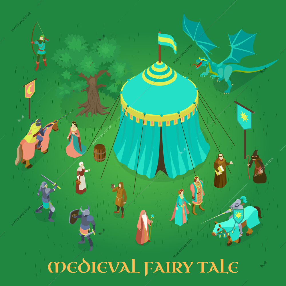 Medieval fairy tale with royal couple princess knights and dragon on green background isometric vector illustration